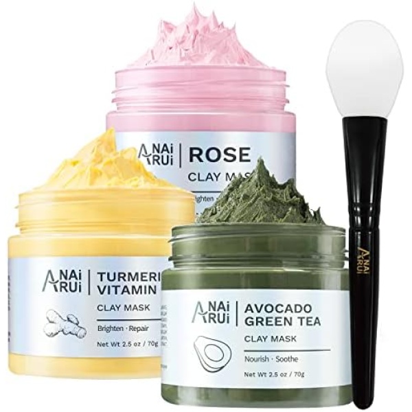 ANAIRUI Turmeric Clay Face Mask - Rose Pink Clay Facial Mask - Avocado Green Tea Mud Mask, SPA Facial Mask Set, 2.5 oz Each