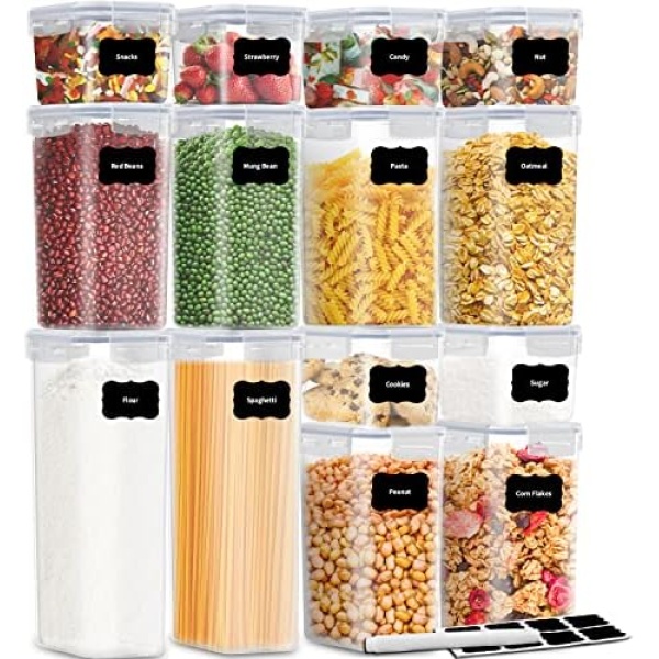 Airtight Food Storage Containers with Lids, 14 PCS Plastic Cereal Kitchen Stackable Food Storage Buckets Food Canisters for Kitchen Pantry Organization Snacks and Sugar Include 24 Labels, Black