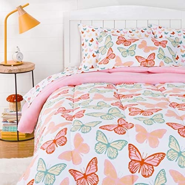 Amazon Basics Kids Bed-in-a-Bag Microfiber Bedding Set, Easy Care, Twin, Butterfly Friends-Set of 5 Pieces