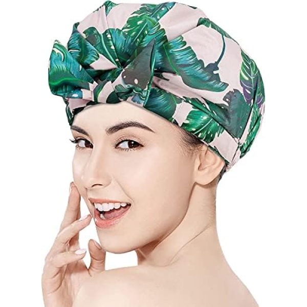 Auban Shower Cap Reusable,Ribbon Bow Bath Cap Oversized Large Design With Waterproof Exterior for All Hair Lengths,Great for Girls Spa Home Use,Hotel and Hair Salon (Green Leaf)