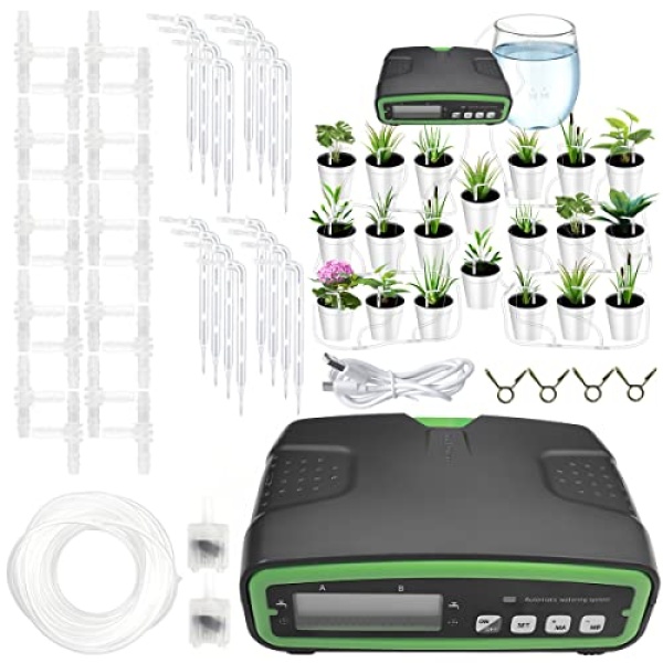 Auto Drip Irrigation Kit, Dual Pumps Automatic Watering System with LCD Display 30-Day Digital Programmable Watering Timer Kit, Plant Watering Device for Indoor Garden Potted Plants (Black)