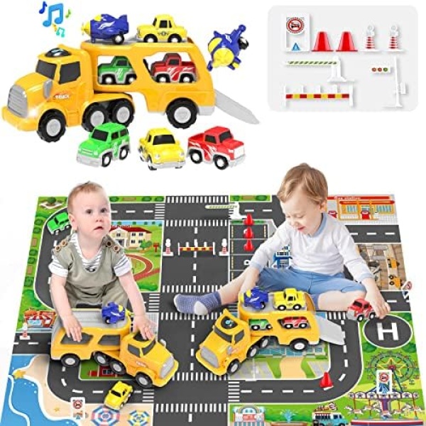 BELLOCHIDDO Toy Cars for 1 2 3 4 Year Old Boys, 5 in 1 Transporter Truck with Activity Play Mat, Construction STEM Educational Toys, Lights and Music Vehicles Playset, Gifts for Boys Kids Toddler