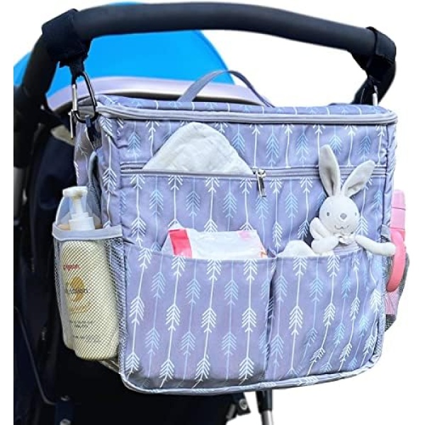 Baby Stroller Organizer Accessories Universal Diaper Bag with Cup Holder Insulated Stroller Storage Double Caddy for Newborn Baby Parents Fit Various Prams Ideal for Hiking(Grey)