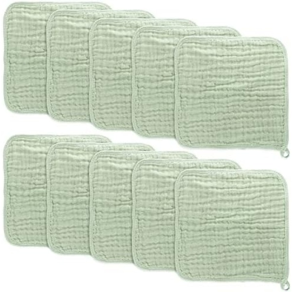 Baby Washcloths, Muslin Cotton Baby Towels, Large 10”x10” Wash Cloths Soft on Sensitive Skin, Absorbent for Boys & Girls, Newborn Baby & Toddlers Essentials Shower Registry Gift (Sage, Pack of 10)