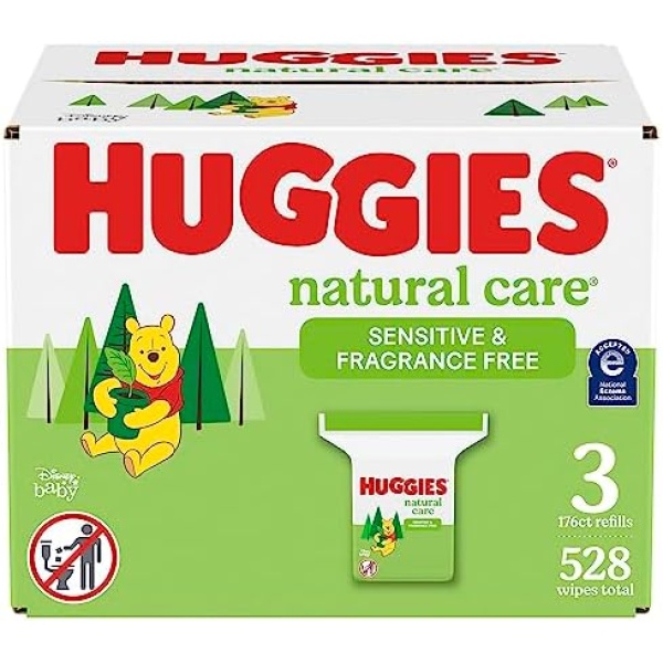 Baby Wipes, Huggies Natural Care Sensitive, UNSCENTED, Hypoallergenic, 3 Refill Packs, 528 Count