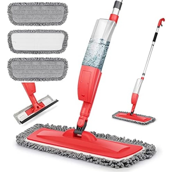 Bellababy Spray Mop and Glass Wiper,Microfiber Mop with 3 Reusable Pads Can Spray Upward,360 Degree Rotatable Mop Head Suitable for Hardwood, Marble, Tile(Red)