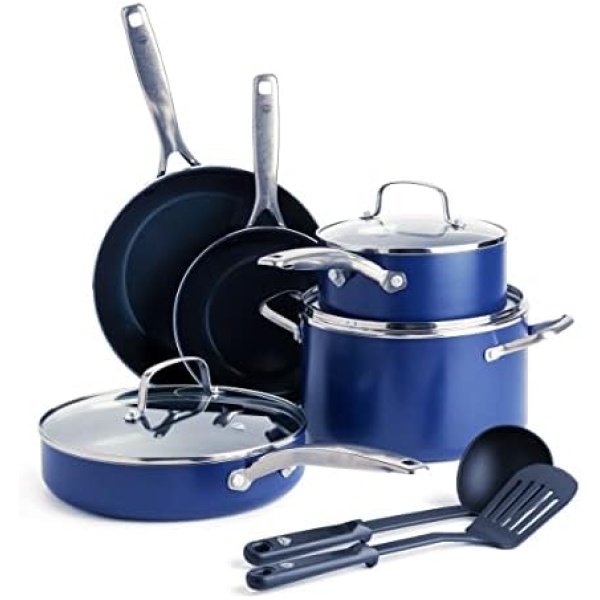 Blue Diamond Cookware Diamond Infused Ceramic Nonstick 10 Piece Cookware Pots and Pans Set, PFAS-Free, Dishwasher Safe, Oven Safe, Blue