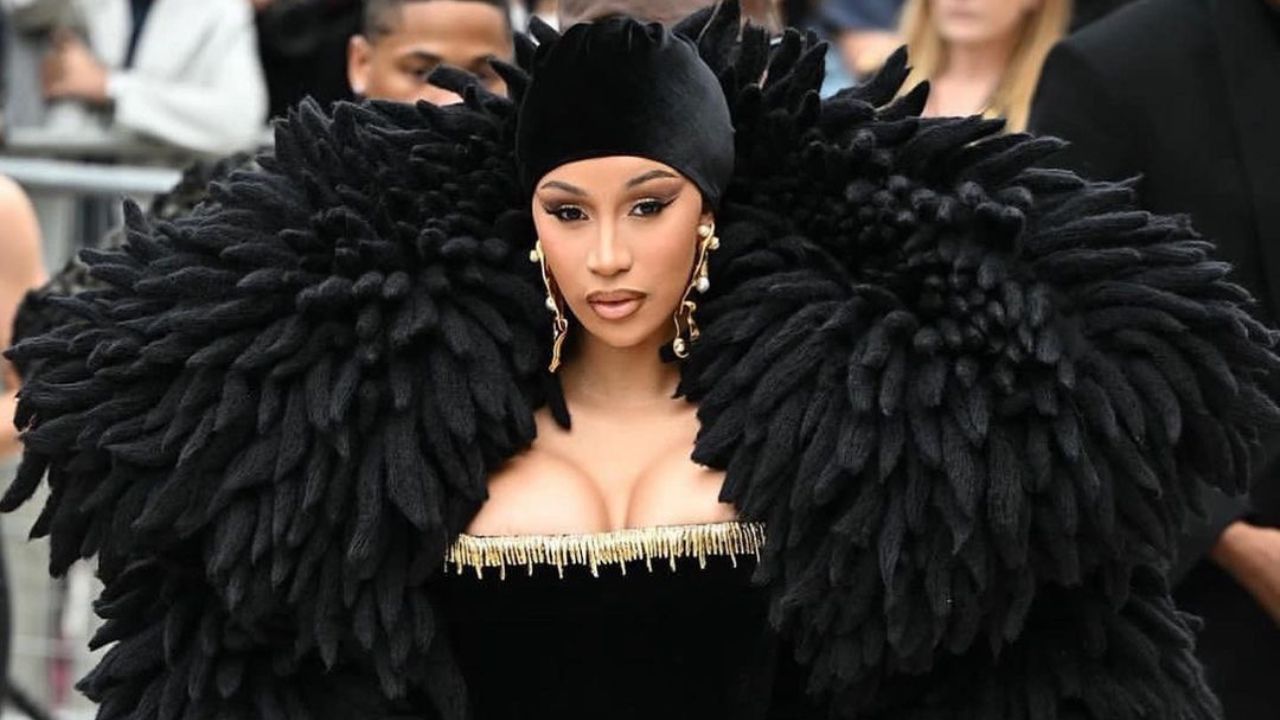 Cardi B Arrived to the Schiaparelli Paris Couture show in a Black Custom Schiaparelli Over-the-Top Gown