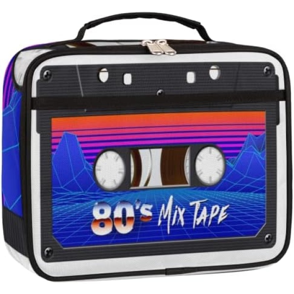 Cassette Tape Print Insulated Lunch Box for Boys Girls Adult, Reusable Durable Back to School Lunch Bag, Leakproof Meal Prep Tote Kit Cooler Bag Lunch Tote Bag for Work Beach Outdoor