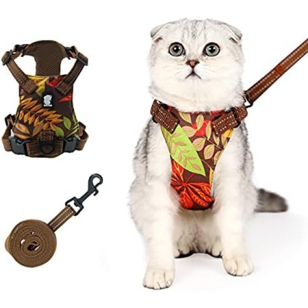 Cat Harness and Leash Set for Walking Escape Proof, Adjustable Vest for Cat and Small Dog with Reflective Strap，Easy Control Jacket for Walking Outdoor (M, Gold)