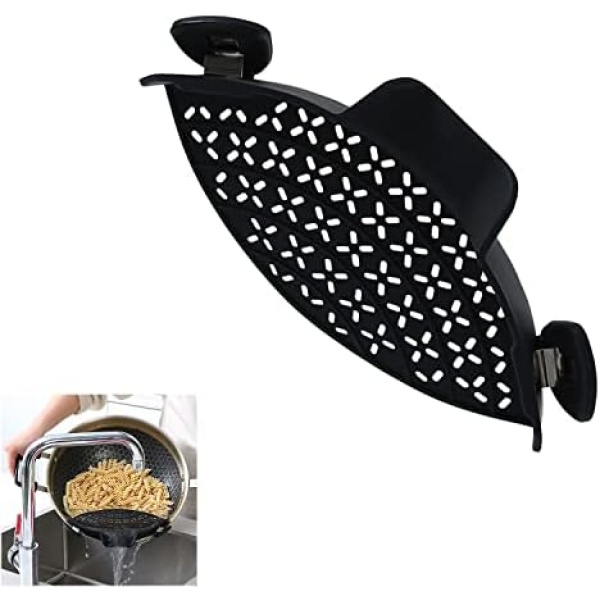 Clip on Strainer, Pasta Strainers, Amorbase Adjustable Silicone Snap Colander Kitchen Gadgets for All Pots Pans Bowls, Draining Noodles Greace - Black