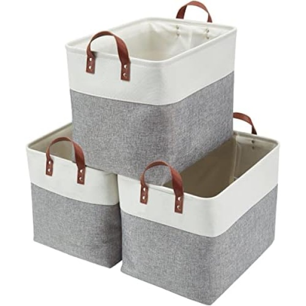 DECOMOMO Storage Baskets | Large Storage Bins Fabric Baskets for Organizing Laundry Nursery Toys Cloth Linen Closet Organizers with Handles (Grey and White, XXL - 3 pack)