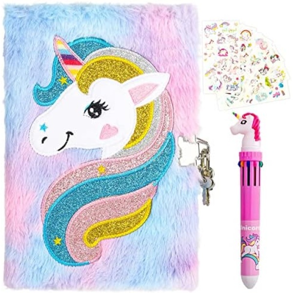 Diary with Lock for Girls, Plush Secret Locking Journal with Multicolored Pen, 6 Pack Unicorn Sticker, Cute Lock Journal School Travel Notebook Gift