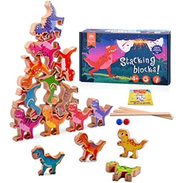 Dinosaur Stacking Building Toys for Boys, PIIOSER Wooden Dinosaur STEM Montessori Educational Learning Block Toys for Kids Cool Birthday Party Game Gifts for 4 5 6 7 8 Years Old Boys Girls