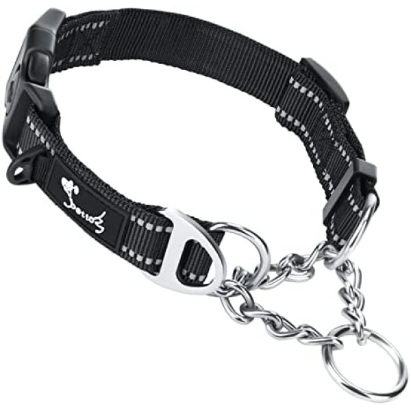 Dog Martingale Collar Chain, Half Check Dog Training Collar Reflective Adjustable, Heavy Duty Buckle Safety Dog Limited Slip Collar (L, Black)