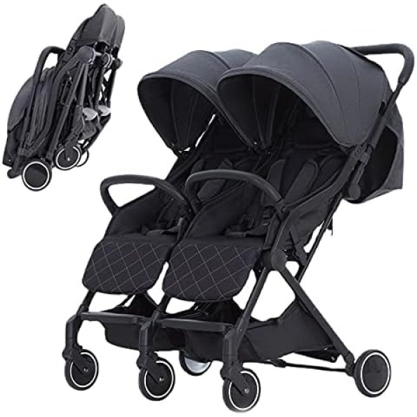 Double Buggy Pushchair Pram, Double Strollers for Baby and Toddler, Double Convertible Pram Adjustable Height, Sun Hood for Twins or Siblings, Black