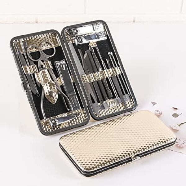 Dozenpov- 19 in 1 Stainless Steel Professional Manicure Pedicure Set Nail Clippers Kit – Portable Travel Grooming Kit - Facial, Cuticle and Nail Care for Men and Women (Gold)