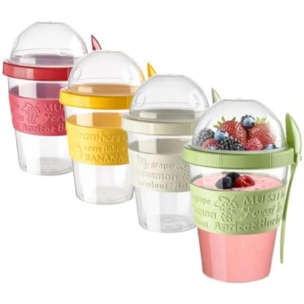 EYNEL 4 Pcs On The Go Cereal Yogurt Cups with Lids and Spoon, Overnight Oats Container, Reusable Parfait Plastic Milk Jar Breakfast Crunch Granola Oatmeal Smoothie Snack Prep Bowl To Take Along