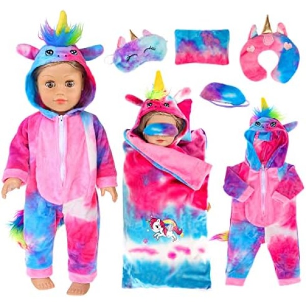 Ebuddy 18 Inch Doll Accessories 7 Pcs Unique Unicorn Sleeping Bag for 18 inch Dolls and 16 inch Baby Doll