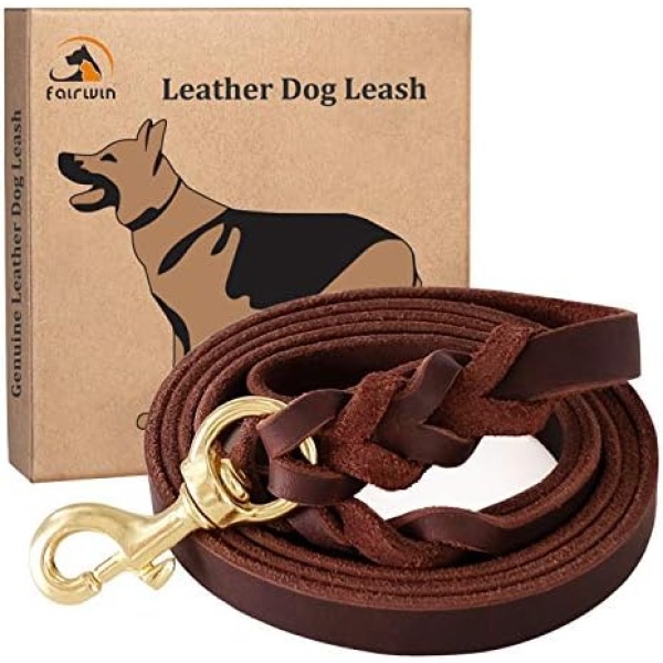 Fairwin Braided Leather Dog Training Leash 6 Foot - Best Dog Leather Leashes No Pull for Large Small Dogs (3/4" Width, Brown)