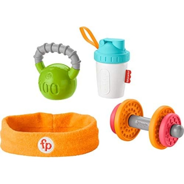 Fisher-Price Baby Biceps Gift Set, 4 fitness-themed baby toys with wearable costume bib, rattle and teether for babies ages 3 months and older