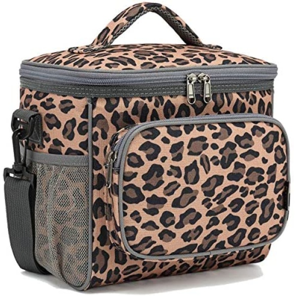 FlowFly Insulated Reusable Lunch Bag Adult Large Lunch Box for Women and Men with Adjustable Shoulder Strap,Front Zipper Pocket and Dual Large Mesh Side Pockets, Leopard