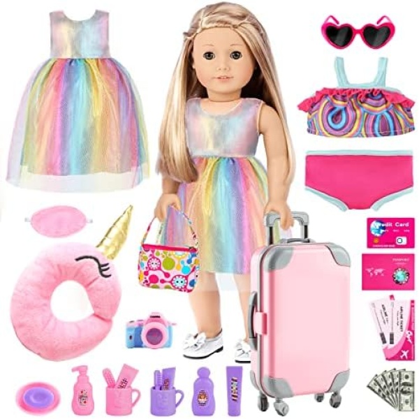 GIFTINBOX 29PCS 18 Inch Girl Doll Clothes and Accessories-Travel Suitcase Play Set for Dolls, Doll Stuff with 18 Inch Doll Clothes Luggage Swimsuit Wallet cashes Gifts for Christmas