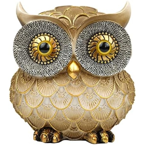 Garwor 6" Gold Owl Figurine, Accent Owl Decor Sculpture for Living Room Tabletop Mantel, Animal Sculpture Gift for Birds Lovers, Home Office Bookshelf Decoration