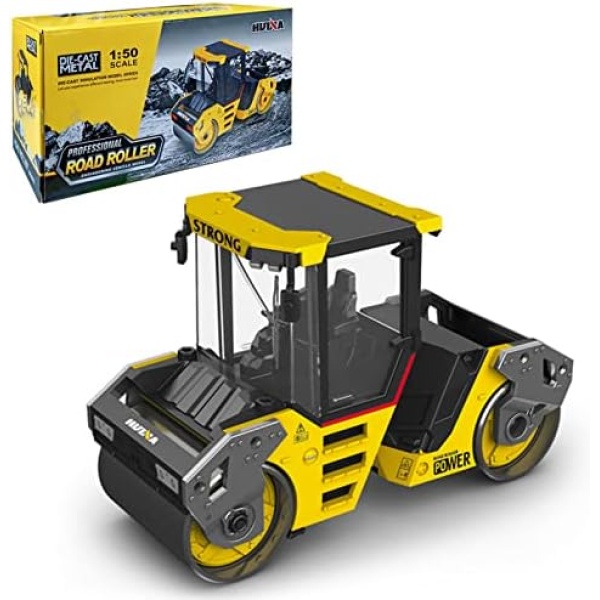 Gemini&Genius Construction Vehicle Toys Double-Drum Road Roller 1/50 Scale Die-cast Grader Engineering Road Planer Vehicle, Asphalt Drum Compactor Alloy Model Toys and Collections for Kids