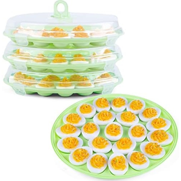 HANSGO Deviled Egg Tray with Lid, 3PCS Round Egg Holders Portable Deviled Egg Platter Stackable Egg Carriers Egg Container for Refrigerator Easter Halloween Party Home Kitchen, 66 Egg Slots