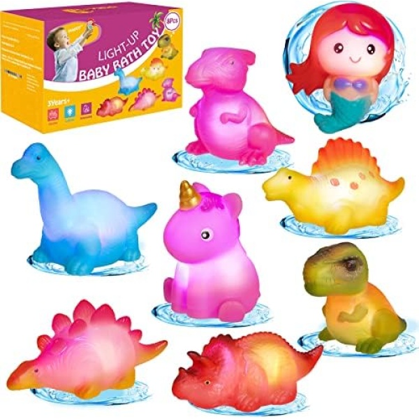 HOYIBO Baby Bath Toys - 8 Pack Dinosaur Bath Toys Bathtub Toys Toddler Bath Toys with Colorful Flashes Lights Water Toys for Toddlers Floating Light Up Bath Toys for Kids 3-5 Boys Girls Toddler Gifts