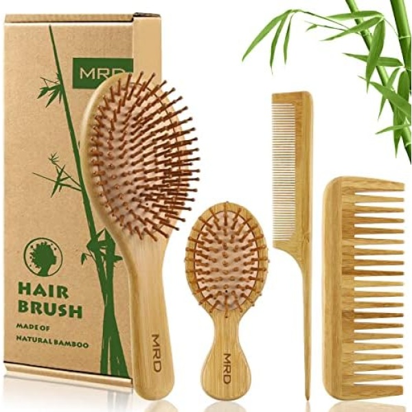 Hair Brush and Comb Set Wooden Bamboo Hairbrush with Paddle Detangling Brushes Natural Hairbrush ECO-Friendly No Bristle, suit for Women Men and Kids Thick/Thin/Curly/Dry Hair Gift kit-4Pcs…