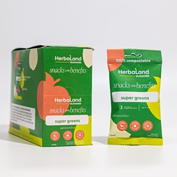 Herbaland Super Greens Gummies – Snacks with Benefits – Vegan, Low-sugar, High-fiber, Gluten-free, 2 Servings of Organic Veggies & 12g of Organic Tapioca Fiber Per Pouch – Apple Peach Flavor, 12 x 40g (Box of 12), Compostable Pouch