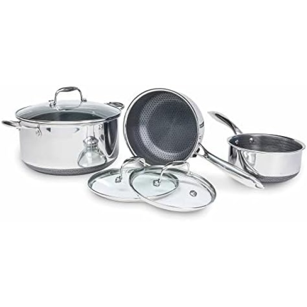 HexClad 6 Piece Hybrid Stainless Steel Cookware Pot Set 2, 3, and 8 Qt with 3 Matching Glass Lids, Stay Cool Handle, Non-Stick PFOA Free, Dishwasher, Oven Safe, Works on Induction, and Gas Cooktops