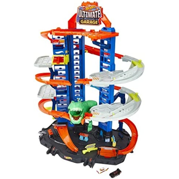 Hot Wheels Toy Car Track Set City Ultimate Garage Moving T-Rex Dinosaur, 100+ 1:64 Scale Vehicle Storage, 3-Ft Tall, 2 Toy Cars