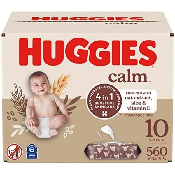 Huggies Calm Baby Wipes, Unscented, 10 Push Button Packs (560 Wipes Total)