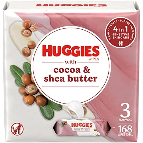 Huggies Wipes with Cocoa & Shea Butter, Scented, 3 Push Button Packs (168 Wipes Total)