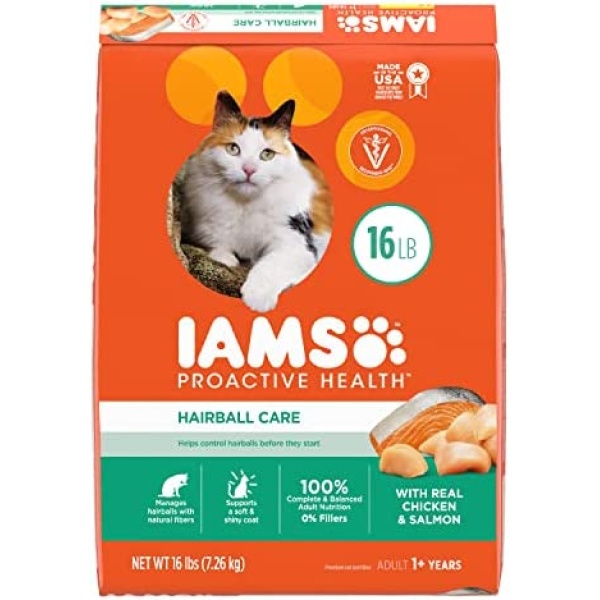 IAMS PROACTIVE HEALTH Adult Hairball Care Dry Cat Food with Chicken and Salmon Cat Kibble, 16 lb. Bag