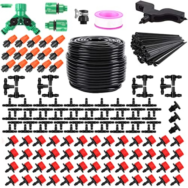 IRmm Garden Drip Irrigation System, 165FT/50M Drip Irrigation Hose, DIY Saving Water Automatic Drip Irrigation Kits for Garden, Greenhouse, Lawn, Patio (200PCS + 50M Hose)