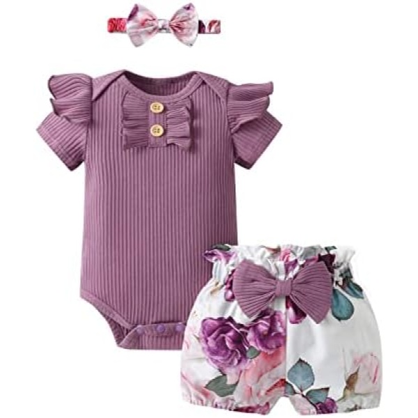 Infant Baby Girls Summer Clothes Romper Newborn Solid Ruffle Short Sleeve Floral Shorts Headband 3pcs Outfit Set