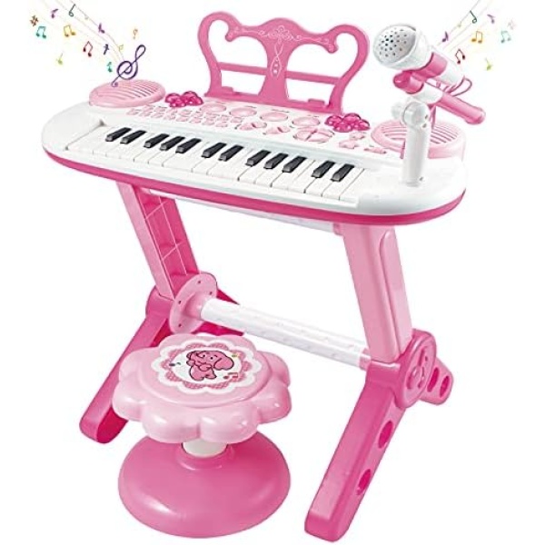 Kids Keyboard Piano Toys, 31-Keys Toddler Piano for Beginners with Microphone, Stool, Portable Multifunction Electronic Musical Instrument, Birthday Educational Toy Gift for Girls age 3 +(Pink)