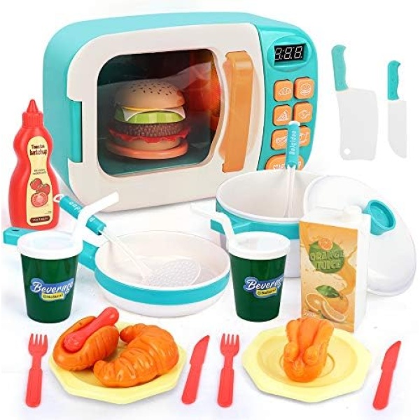 Kids Microwave Toys Play Kitchen Set, Pretend Play Kids Kitchen Oven with Play Food, Play Cookwares Toy Pot and Pans Set,Cooking Utensils,Learning Education Toy Gifts for Kids Toddlers Baby Toddlers Girls Boys