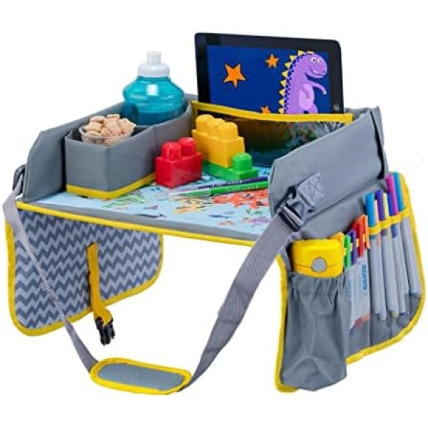 Kids Travel Tray - Car Seat Tray - Travel Lap Desk Accessory for Your Child's Rides and Flights - it's a Collapsible Organizer that Keeps Children Entertained Holding Their Toys (Yellow)