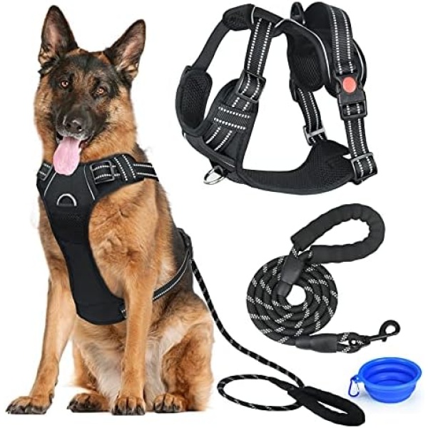 LIZCOM Dog Harness Set,No Pull Walking Pet Harness with Metal Rings and Handle with Strong Dog Leash Reflective Rope(5 Foot) and Collapsible Dog Bowl for Small Medium Large Dogs (S, Black)