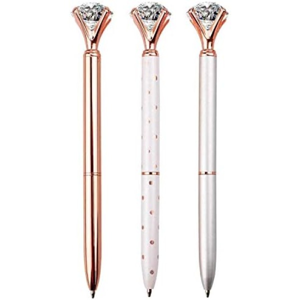 LONGKEY 3PCS Diamond Pens Large Crystal Diamond Ballpoint Pen Bling Metal Ballpoint Pen Office and School, Silver / White Rose Polka Dot / Rose Gold, Including 3Pen Refills.