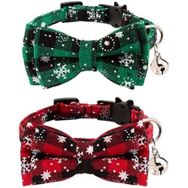 LUTER 2 Pack Christmas Plaid Cat Collars, Detachable Cat Ties with Bow&Bells, Adjustable Collars for Cats, Kitten&Puppy Supplies (Red,Green)