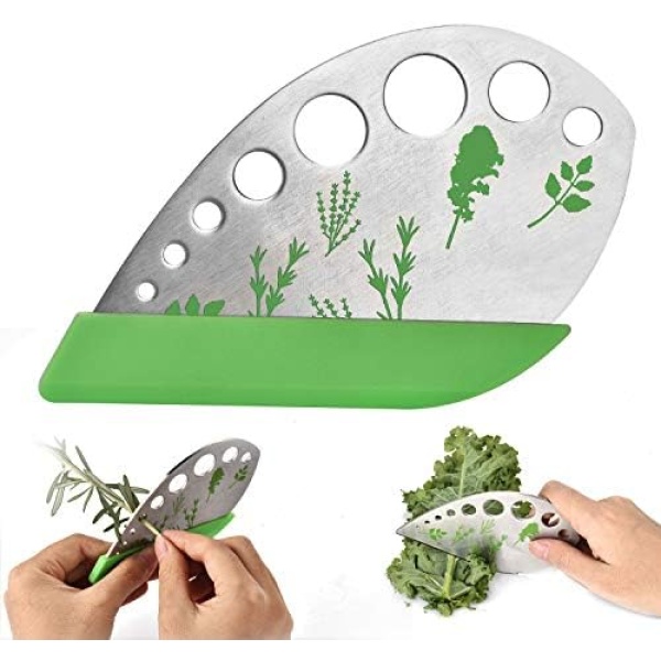 Leaf Herb Stripper, Stainless Steel Kitchen Herb Stripper Tool, 9holes, 2 in 1 Design,Curved Edge can be Used as a Kitchen knifefor Chard, Collard Greens, Parsley, Basil, Rosemary Herb, Taragon, Thym