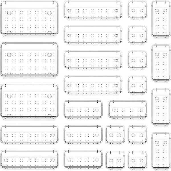 Lifewit 25 PCS Drawer Organizer Set Clear Plastic Desk Drawer Dividers Trays Dresser Storage Bins Separation Box for Makeup, Jewelries and Gadgets, Bedroom, Bathroom, Office