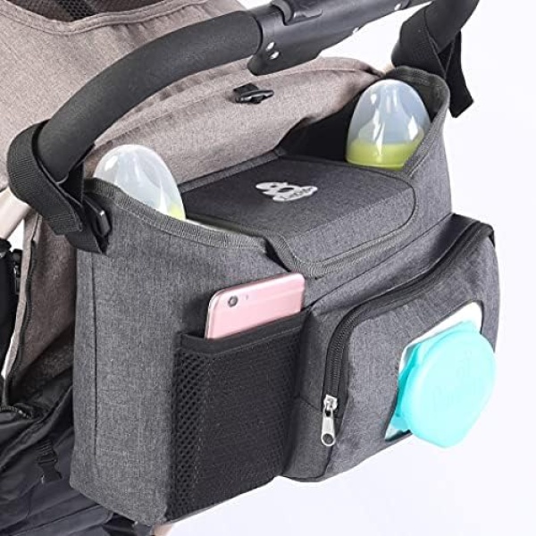 LittleXplorer Baby Stroller Organizer: Diaper Caddy - Extra Stroller Cup Holders - Wet Wipes Dispenser Pocket - Changing Pad and Toy Storage - Attaches to Single, Double, Jogging or Umbrella Stroller