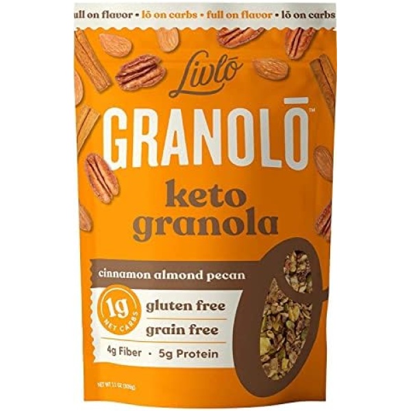 Livlo Keto Nut Granola Cereal - Grain Free & Gluten Free - 1g Net Carbs - Keto Friendly Low Carb Healthy Snack - Paleo & Diabetic Friendly Food - Cinnamon Almond Pecan, 11oz